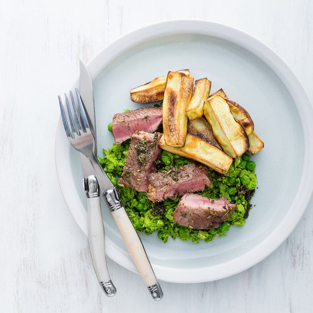 Lamb Steaks with Crushed Broccoli and Nana’s Mint Sauce