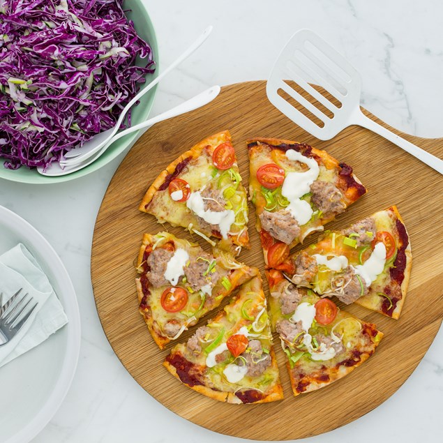 Cured Pork and Cheddar Pizzas with Mint and Lemon Slaw