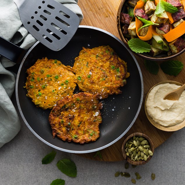 Moroccan Pea & Courgette Fritters with Kumara Salad and Hummus