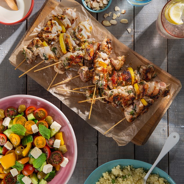 Marinated Chicken Skewers with Greek Salad and Couscous