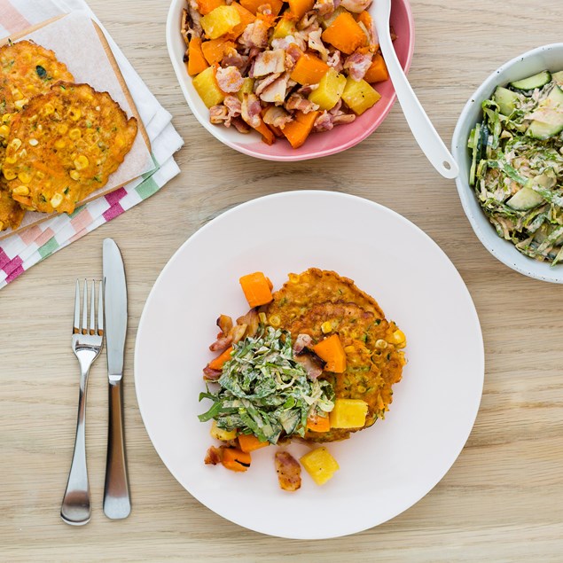 Corn and Courgette Fritters with Roast Pumpkin, Pineapple and Bacon