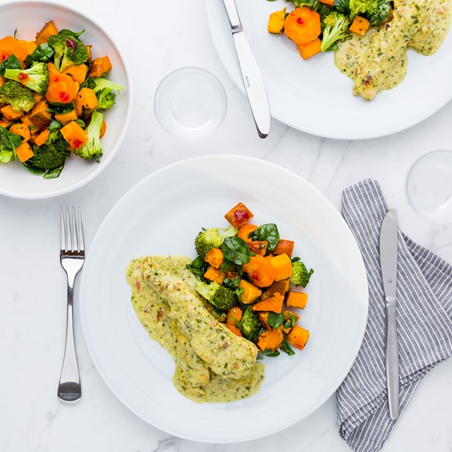 Creamy Basil Pesto Chicken with Roasted Vegetable Toss