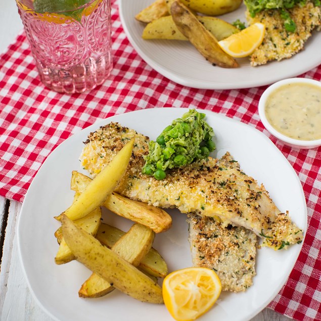 Lemon Parsley Panko-Crumbed Fish with Potato Wedges and Broccoli-Pea Smash