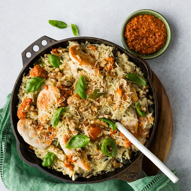 Creamy Chicken Risotto with Baby Leeks & Red Pepper Pesto