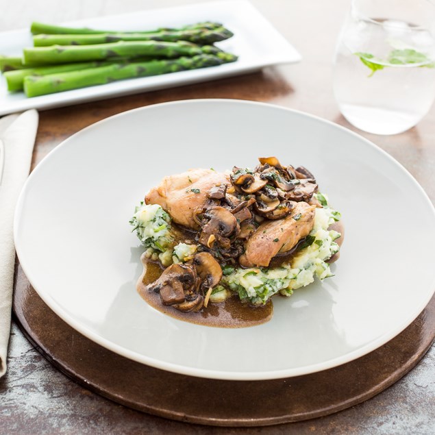 Mushroom and Red Wine Chicken with Garlic Spinach Mash