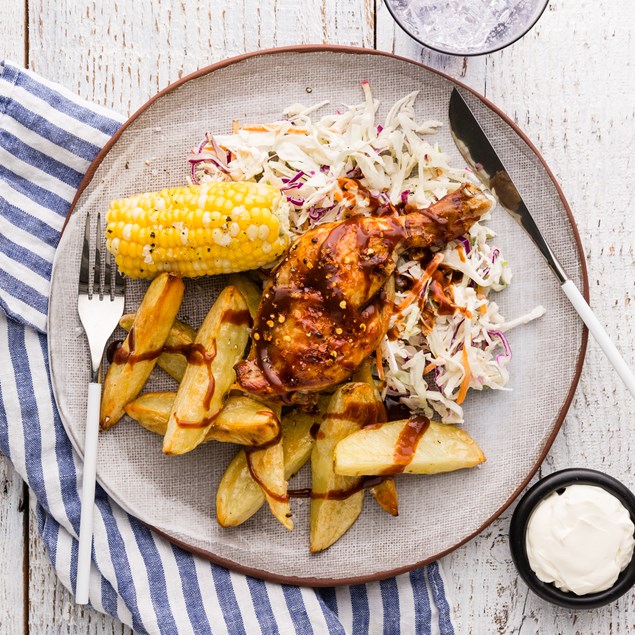 Butterflied BBQ Chicken with Wedges & Slaw