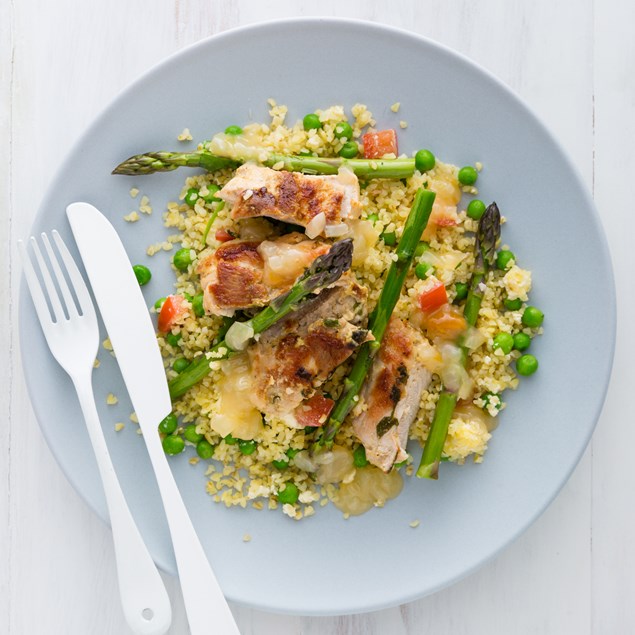 Apricot and Tarragon Chicken with Pea, Asparagus and Feta Bulgur