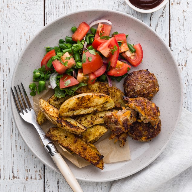 Lamb & Cheese Rissoles with Tomato Salad and Wedges 