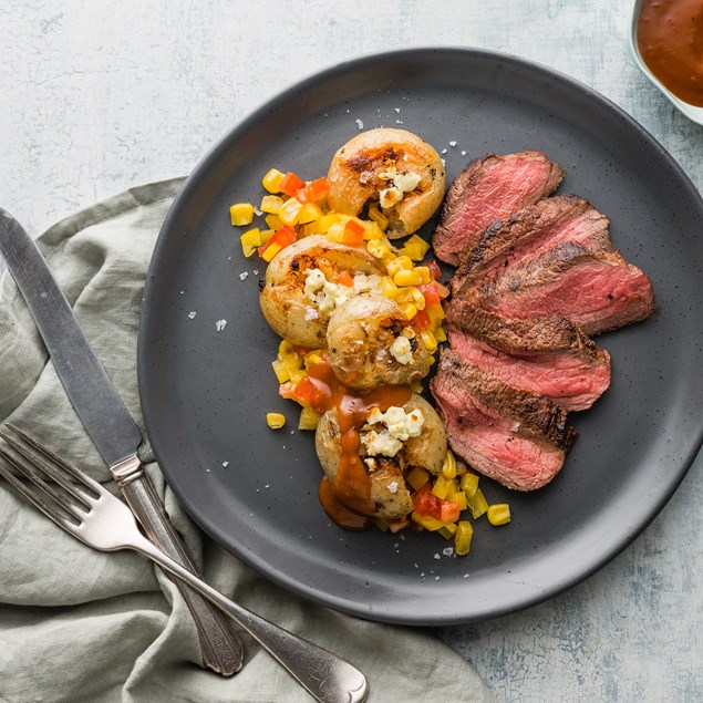Chipotle Beef with Smashed Potatoes and Corn Salsa