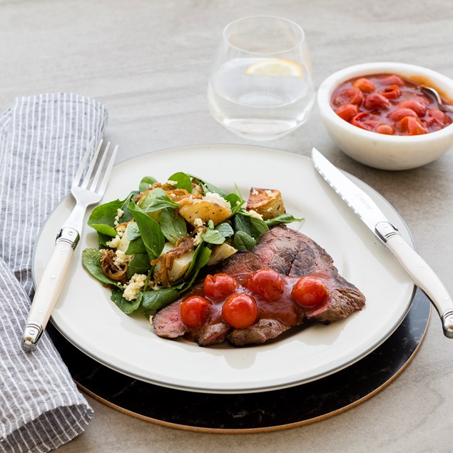 Marinated Beef with Spinach and Feta Potatoes and Balsamic Tomatoes ...