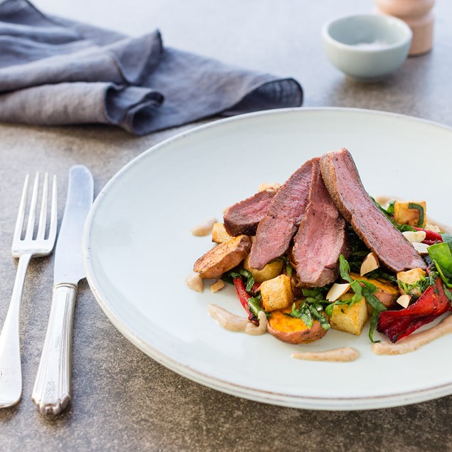 Spiced Lamb with Roasted Root Vegetable Toss and Golden Raisin Dressing