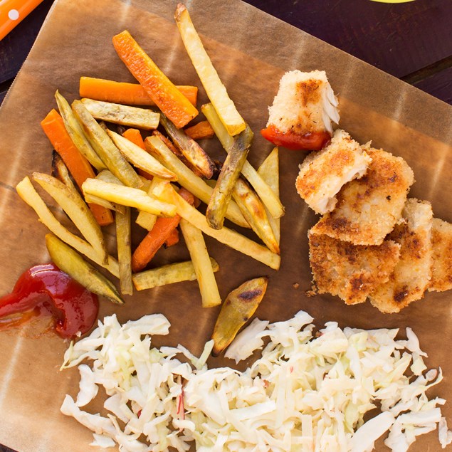 Crunchy Lemon Fish Nuggets with Slaw and Veggie Fries
