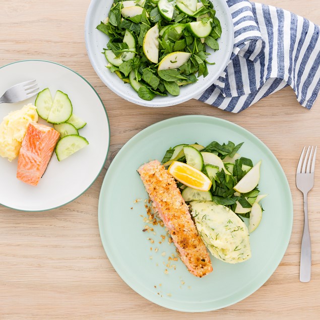 MACADAMIA-CRUSTED SALMON, DILL MASHED POTATOES AND PEAR SALAD