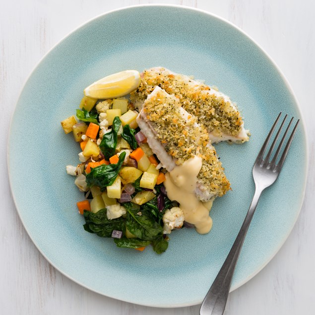 Furikake Fish with Mango Chilli Glazed Vegetables