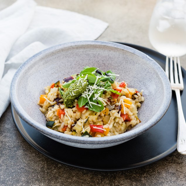 Roasted Vegetable Risotto with Rocket Pesto and Pecan Nuts