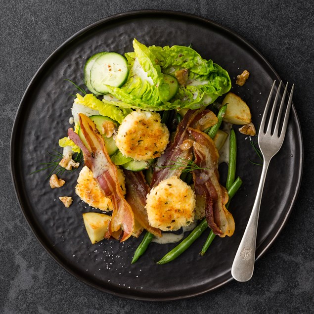 Herb Crumbed Goats’ Cheese with Crispy Pancetta and Dill 