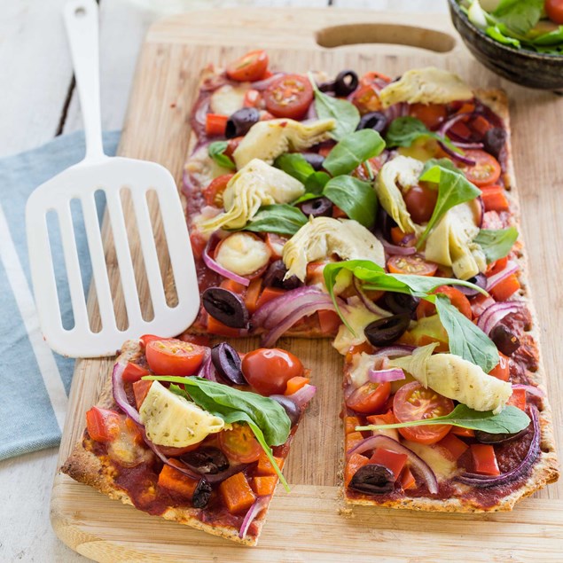 Ancient Grain Pizza with Fresh Mozzarella, Olives and Artichoke Hearts ...