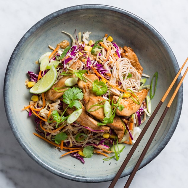Chicken Soba Noodle Salad with Sesame Seed Dressing and Slaw