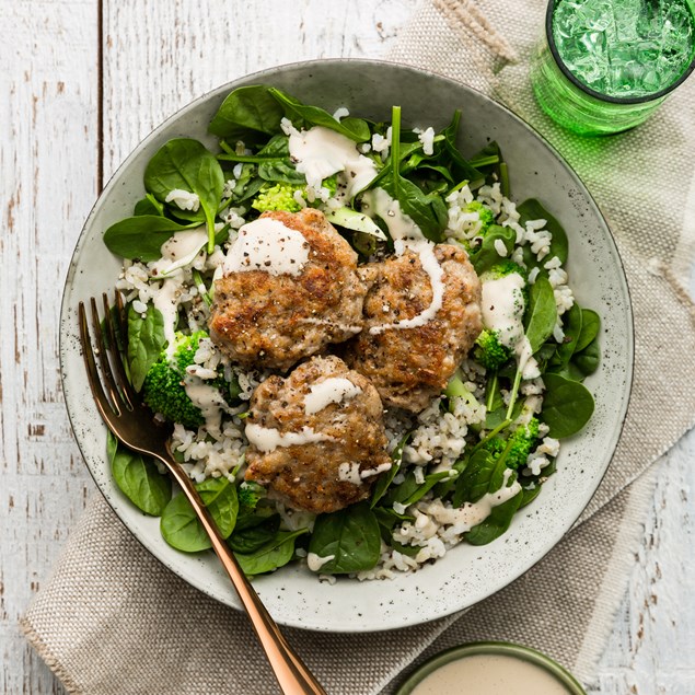 Chicken & Spring Onion Patties with Green Rice & Sesame Dressing