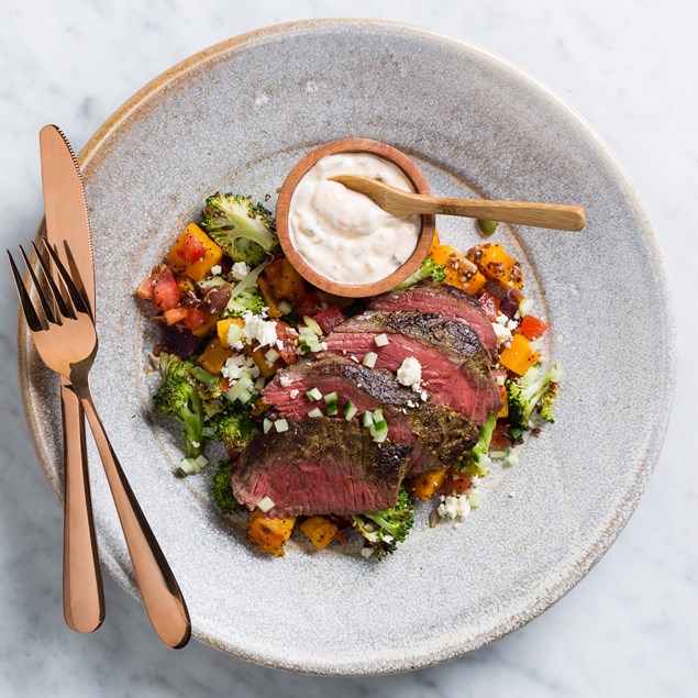 Chermoula Beef Pave Steak with Super Seed Vegetables and Feta