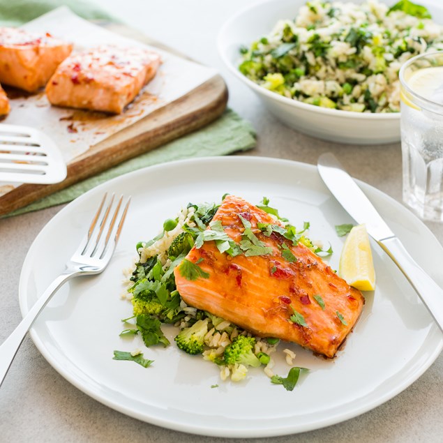 Lemon Grilled Salmon with Pea and Broccoli Rice