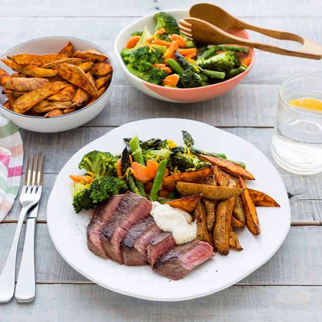 Beef with Kumara Wedges and Vegetable Toss 