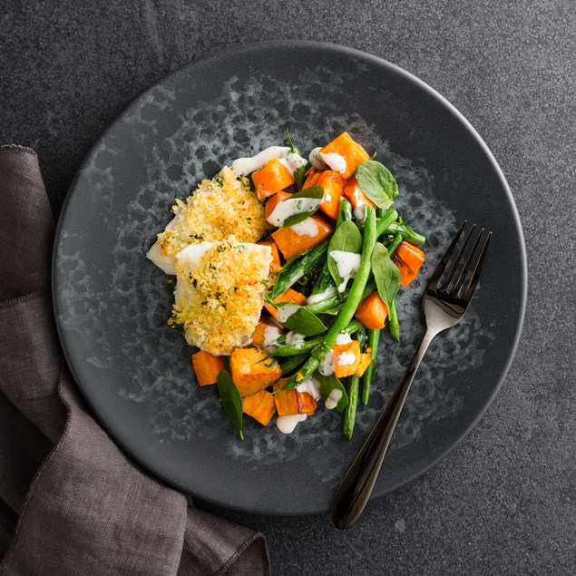 Orange Crusted Fish with Roasted Vegetables and Orange Basil Dressing 