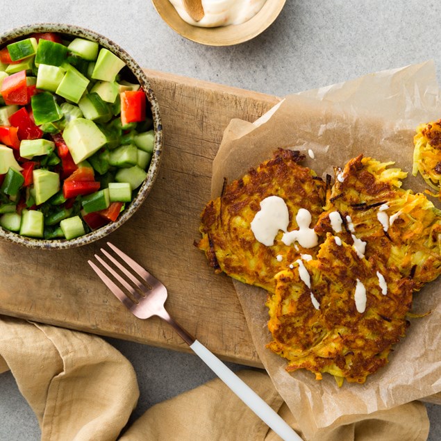 Haloumi & Kumara Fritters with Avocado Salsa & Mango Drizzle