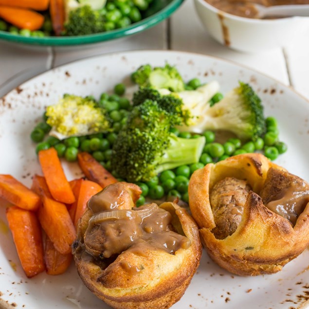 Toad in the Hole with Brown Onion Gravy and Vegetables
