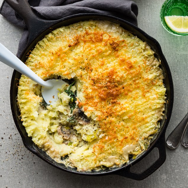 Creamy Leek And Mushroom Potato Top Pie with Lemon Savoy Cabbage