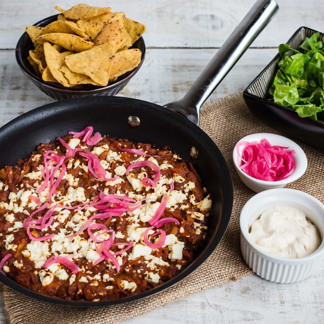 Chilli Bean Nachos with Chilli Sour Cream and Pink Pickles