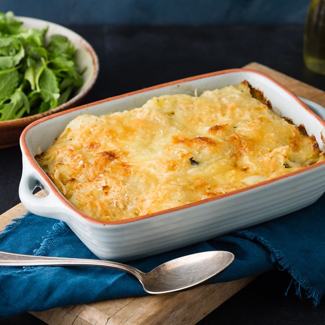 Chicken Potato Gratin with Buttered Peas