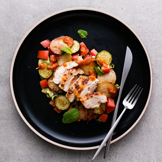 Spanish Chicken with Roasted Leek and Romesco