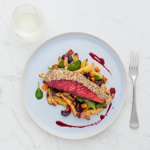 Beetroot Marinated Salmon with Seeded Citrus Crust and Winter Veggies