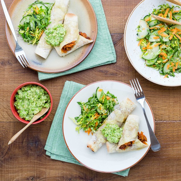 Bean Taquitos with Crunchy Salad and Pea Guacamole 