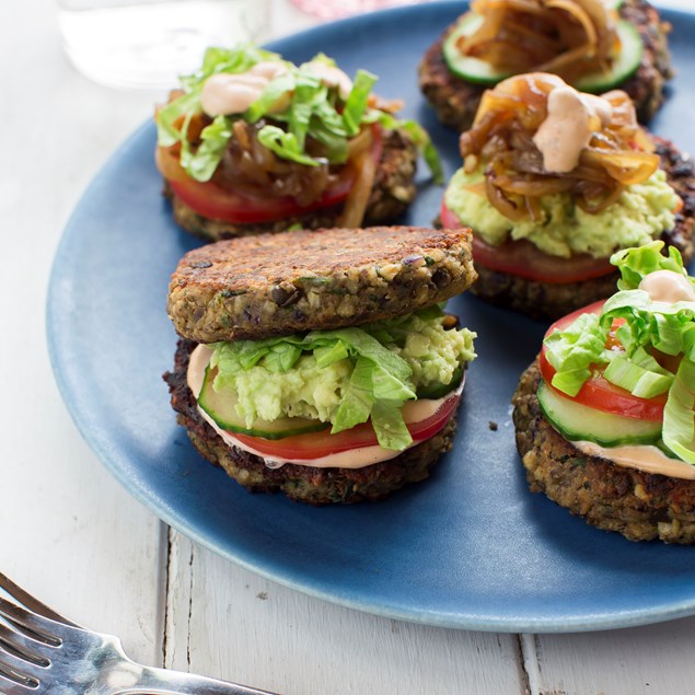 Lentil and Cashew Cakes With Avocado Smash, Caramelised Onions and Kumara Chips