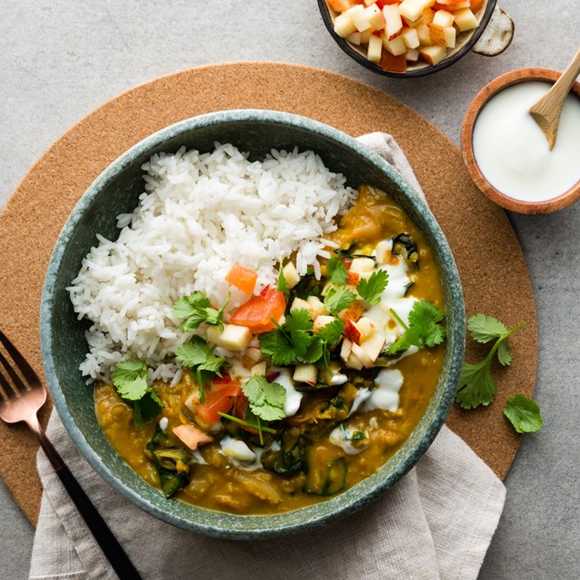 Red Lentil Dhal with Rice and Apple Salsa