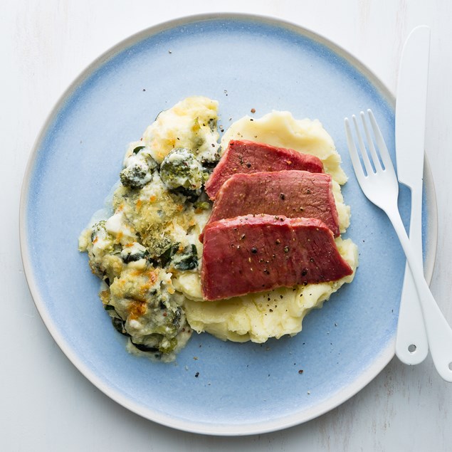 Braised Beef Silverside with Mash and Veggie Bake