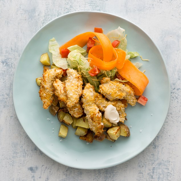 Parmesan Chicken Goujons  with Crunchy Potato Bites 