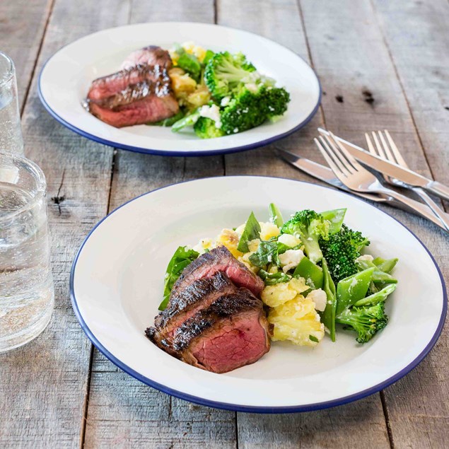 Marinated Steaks with Feta Spinach Smashed Potatoes