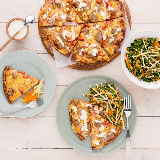 PORK AND FENNEL PIZZAS WITH SPINACH AND APPLE SLAW