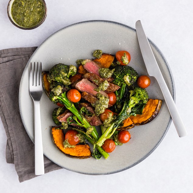 Beef with Tomatillo Salsa and Roast Pumpkin 