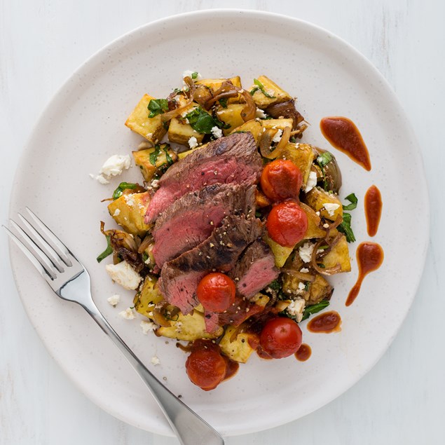 Marinated Beef with Spinach Feta Potatoes and Balsamic Tomatoes