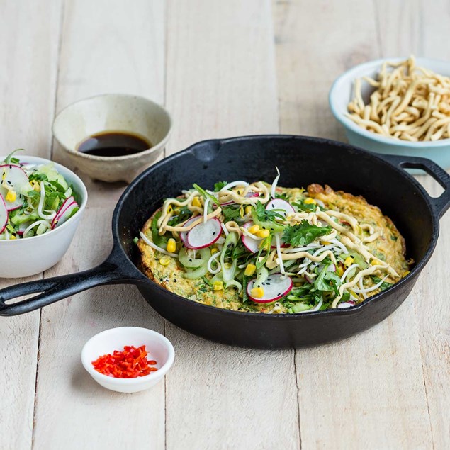 Asian Corn Omelette with Crispy Noodles