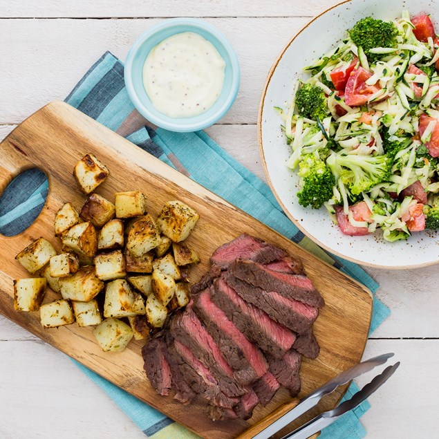 Beef Rump Steaks with Herb Potatoes and Broccoli Salad