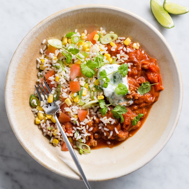 Lamb Chilli Con Carne with Brown Rice and Lime Yoghurt