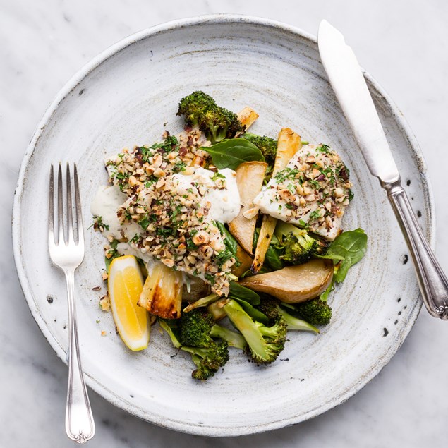 Lemon Gremolata Fish with Parsnip Chips and Caper Crème