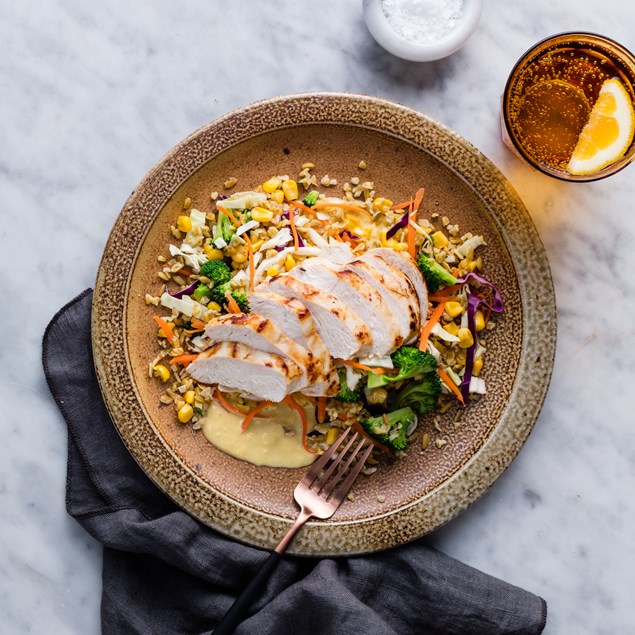 Sweetcorn Chicken Slaw with Freekeh and Miso Sweetcorn Drizzle 