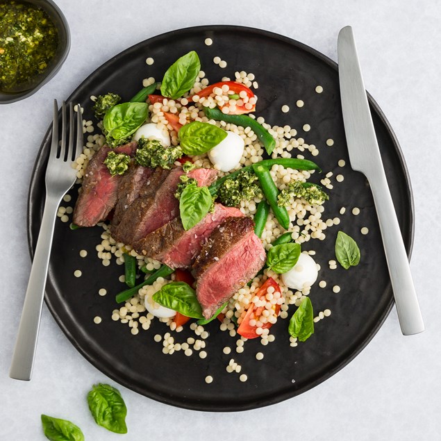 Beef Caprese with Pearl Couscous and Basil Pesto