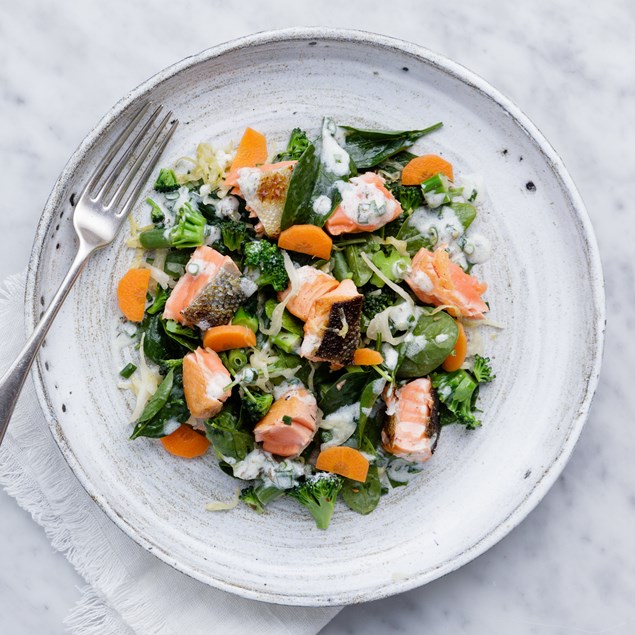 Salmon and Sauerkraut Salad with Chive and Garlic drizzel